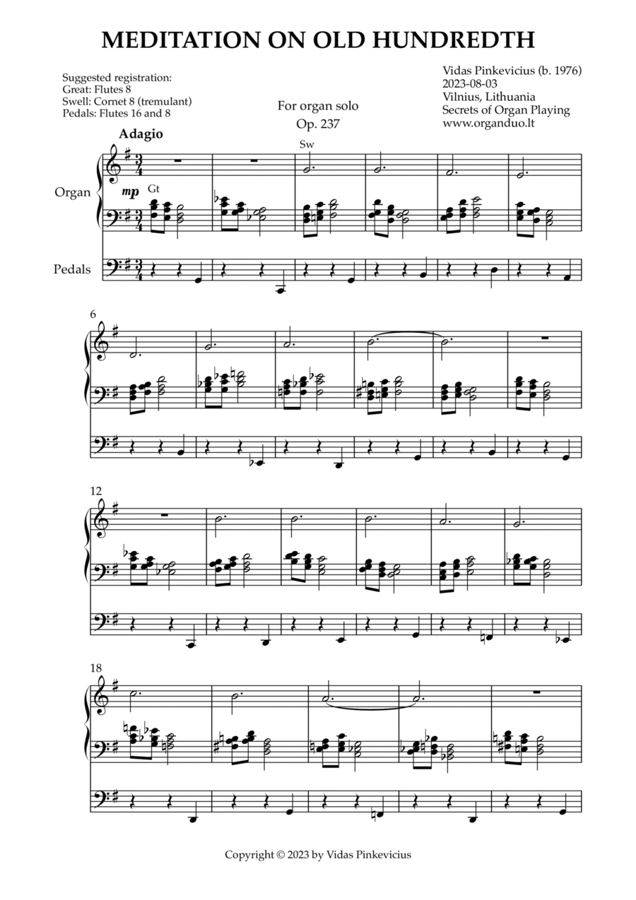 Meditation on Old Hundredth, Op. 237 (Organ Solo) by Vidas Pinkevicius Organ Solo scores gallery preview page 1