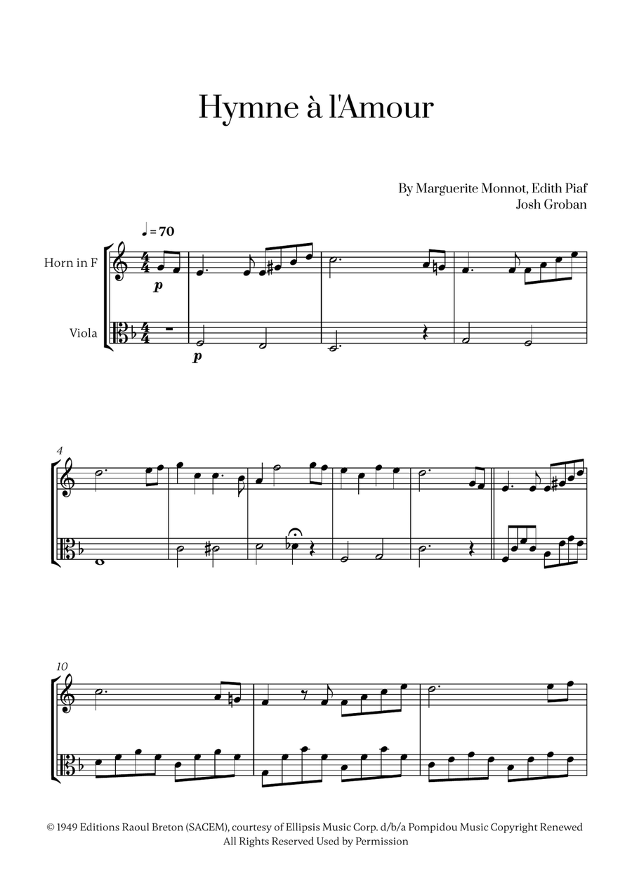 Hymne A L'amour Horn scores gallery preview page 1