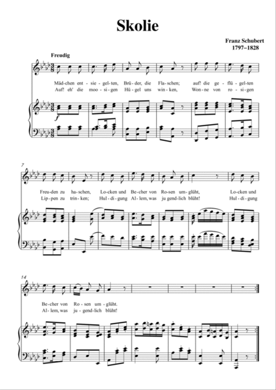 Schubert-Skolie(Skolion;Drinking Song),D.507 in bA for Vocal and Piano Voice scores gallery preview page 2