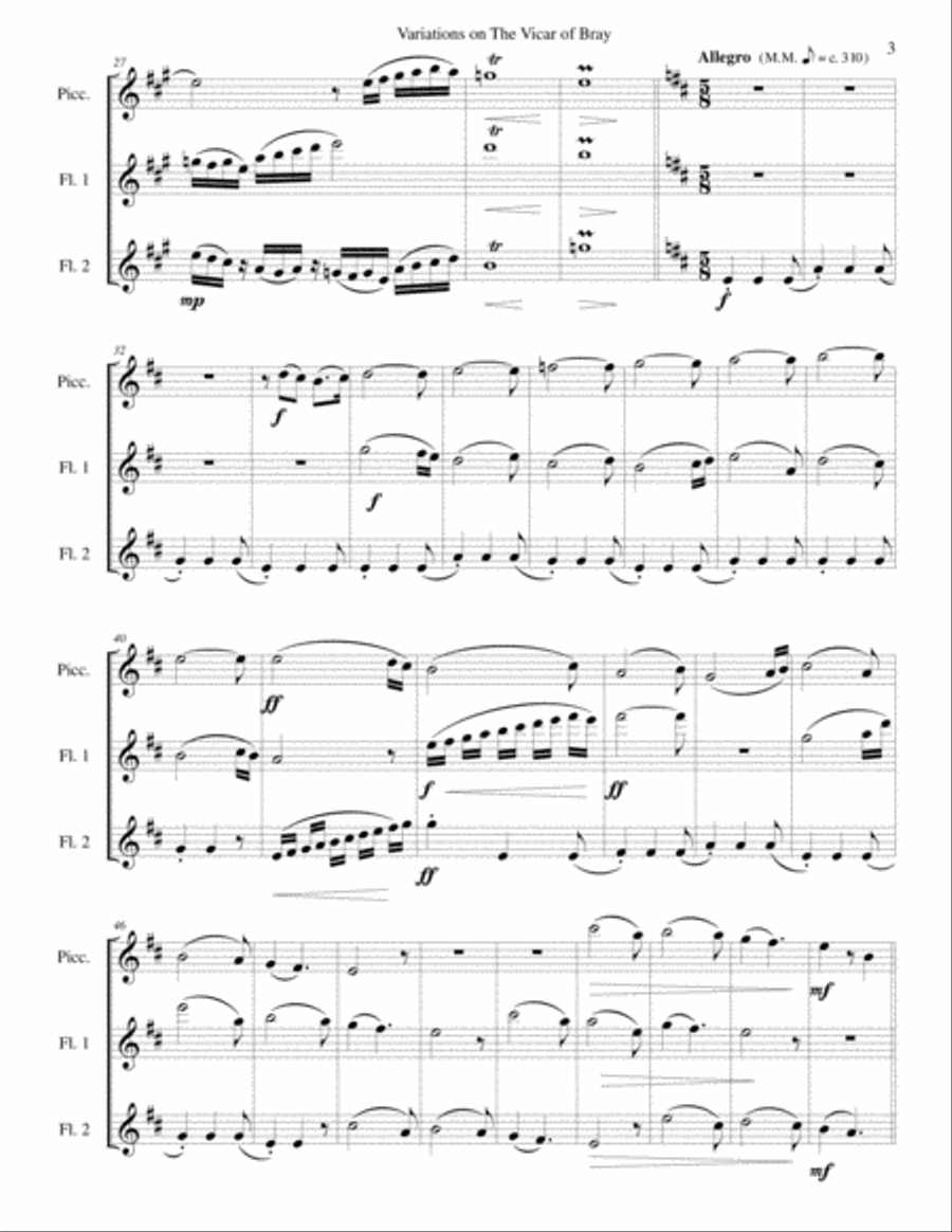 Variations on the Vicar of Bray for flute trio (piccolo and 2 flutes) Flute Trio scores gallery preview page 3