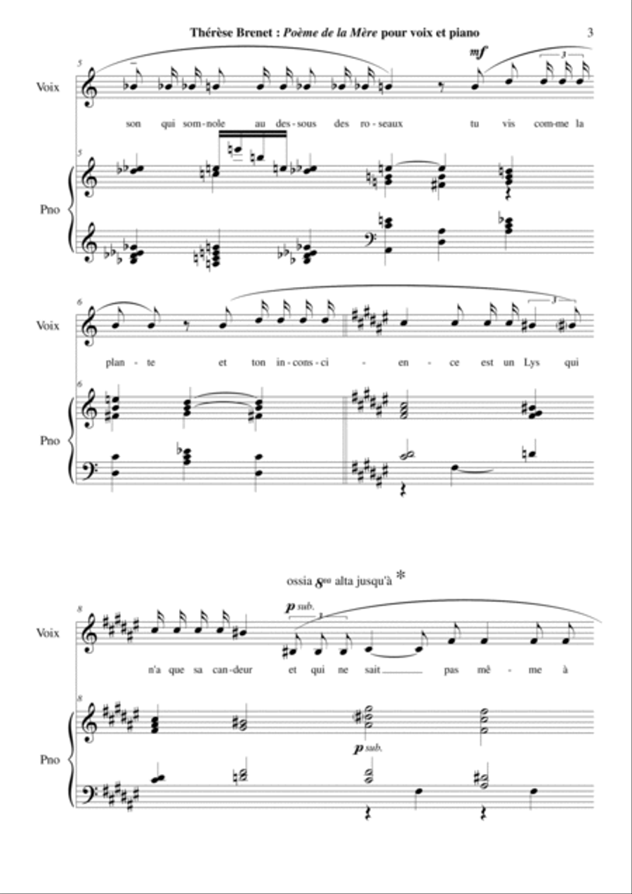 Therese Brenet : Poeme de la Mere for medium voice and piano Medium Voice scores gallery preview page 3