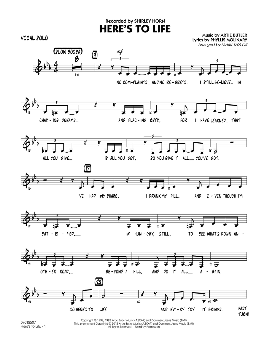 Here's To Life (Key: C minor) - Vocal Solo Jazz Ensemble scores gallery preview page 1