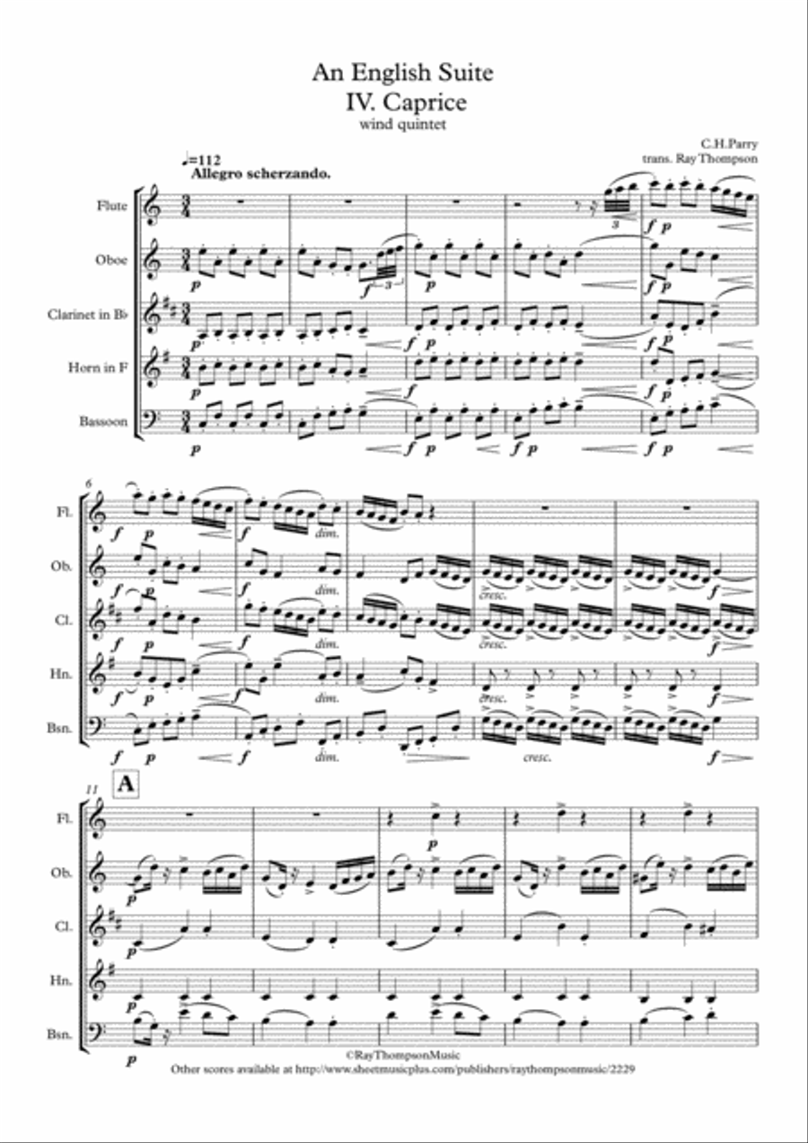 Parry: An English Suite IV. Caprice - wind quintet Woodwind Quintet scores gallery preview page 1