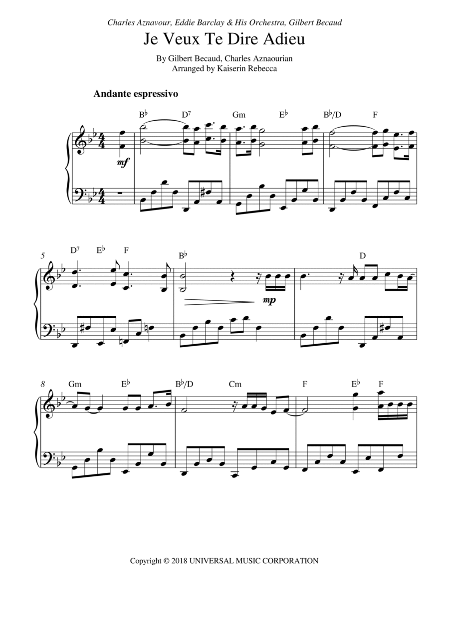 Je Veux Te Dire Adieu Je Veux Te Dire Adieu Piano Solo scores gallery preview page 1