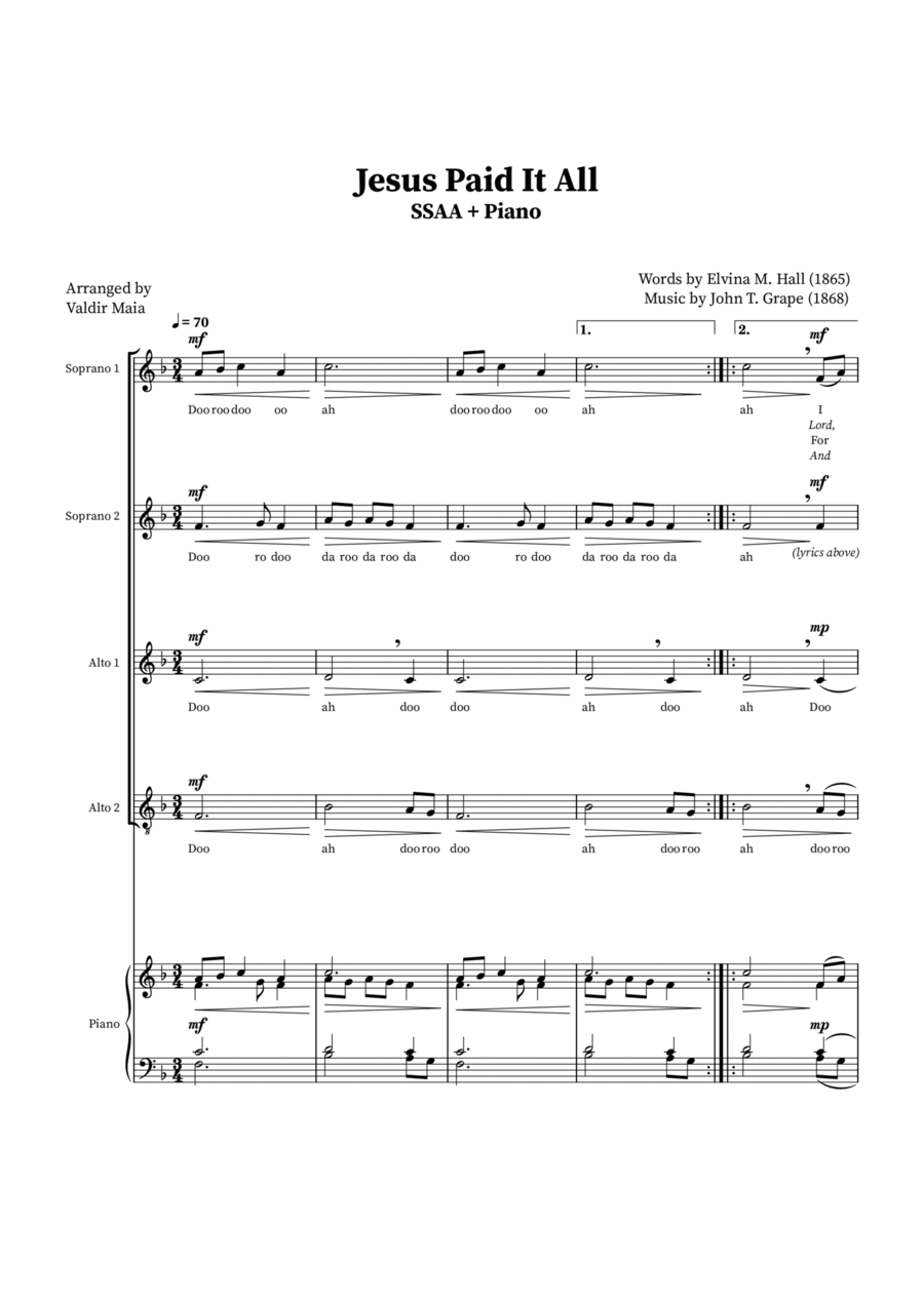 Book cover for Jesus Paid It All - SSAA Quartet or Choir (Piano Accompaniment)