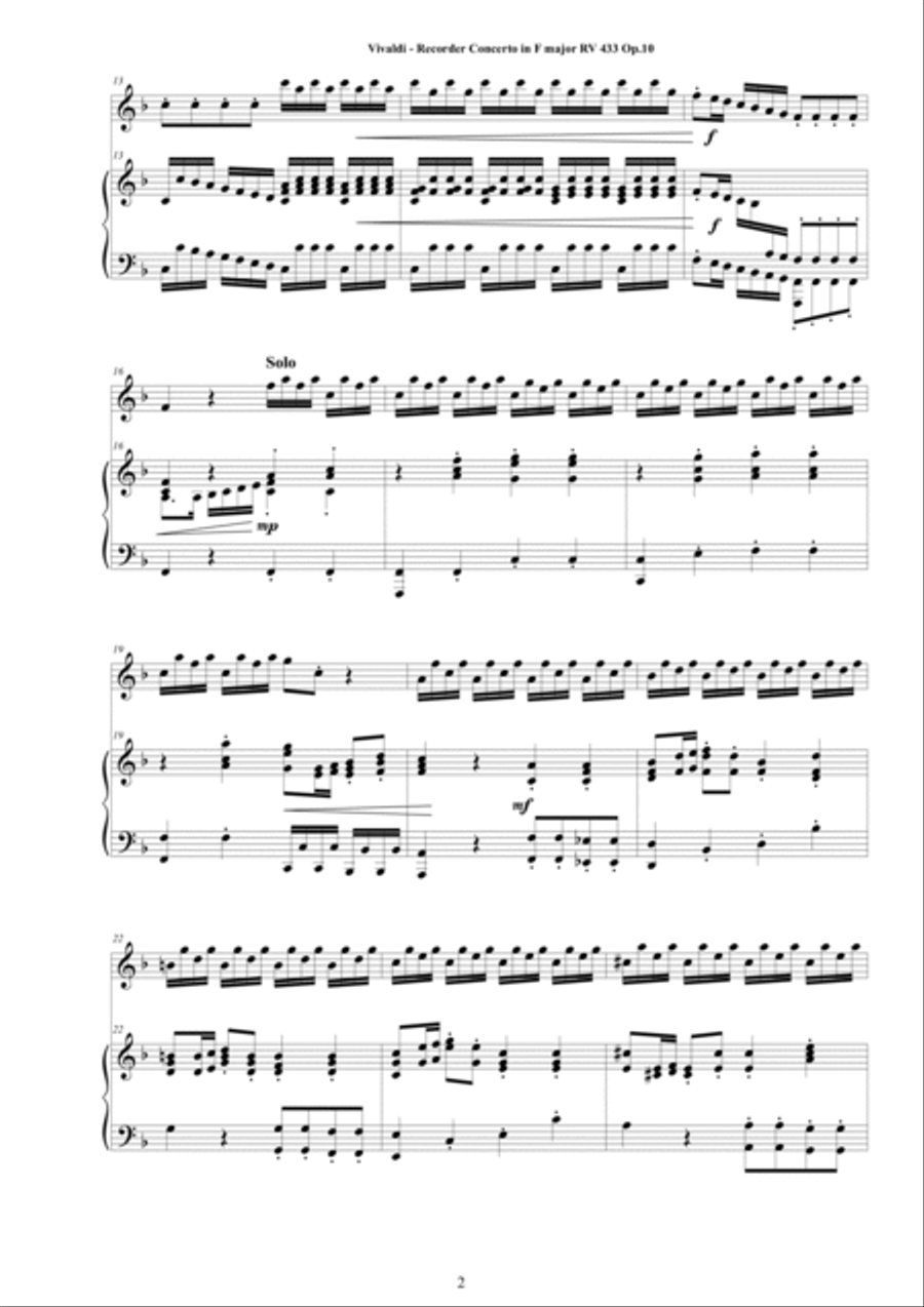 Vivaldi - Recorder Concerto No.1 in F major RV 433 Op.10 for Sopranino Recorder and Piano Alto Recorder scores gallery preview page 2