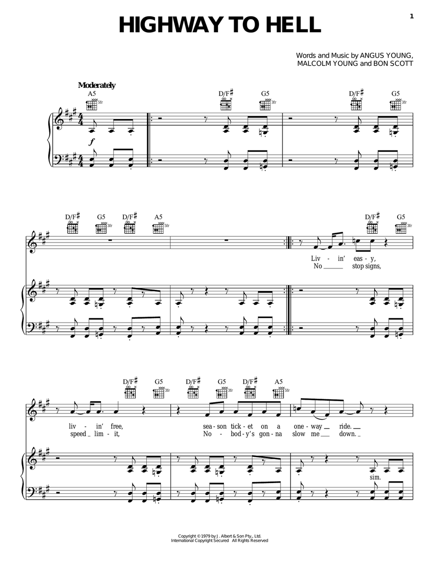 Highway To Hell Piano, Vocal, Guitar scores gallery preview page 1