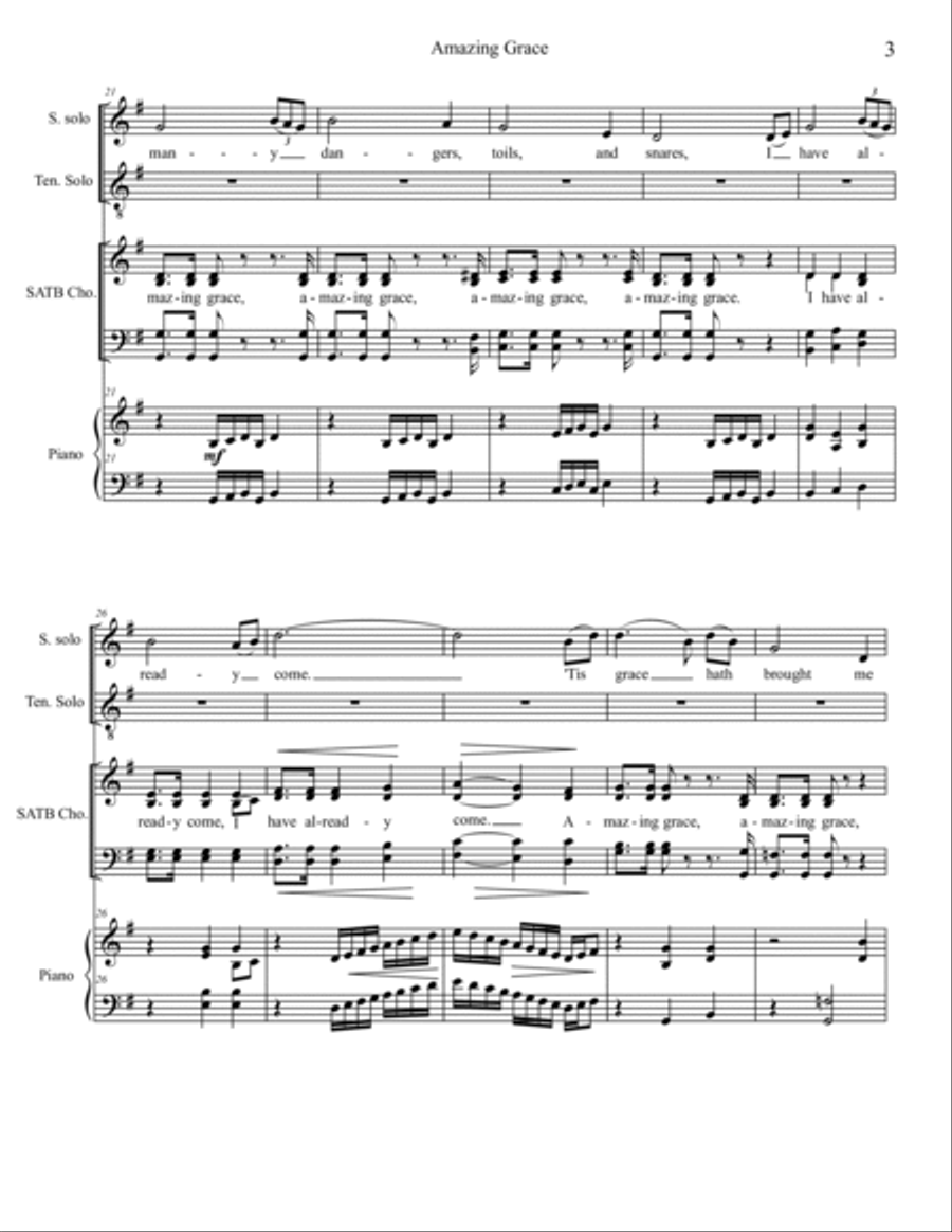 Amazing Grace (for SATB, piano, and solo tenor and soprano) 4-Part scores gallery preview page 3