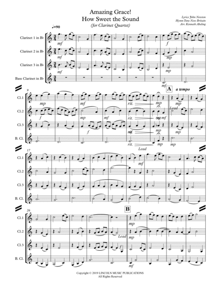 Amazing Grace! How Sweet the Sound (for Clarinet Quartet) by Traditional Clarinet Quartet - Digital Sheet Music