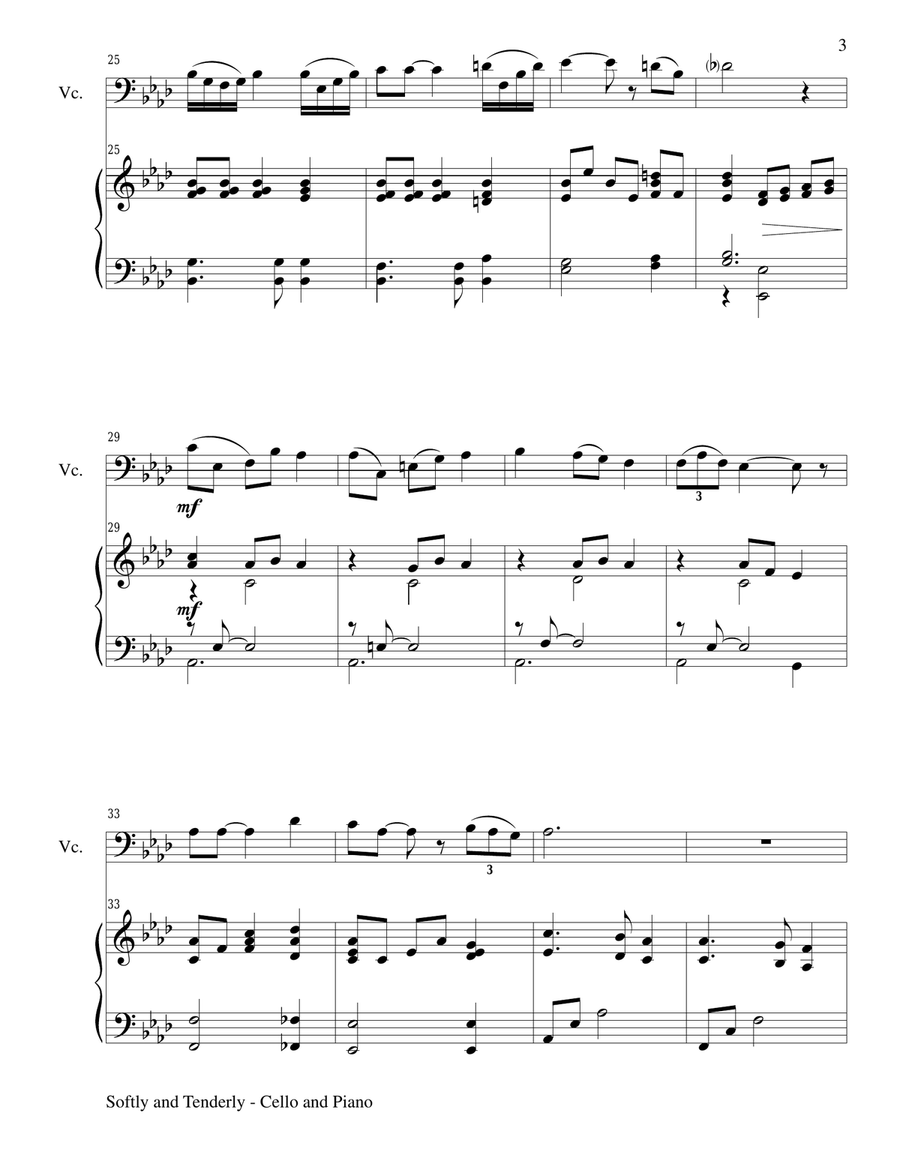 SOFTLY AND TENDERLY (Duet – Cello and Piano/Score and Parts) Piano scores gallery preview page 3