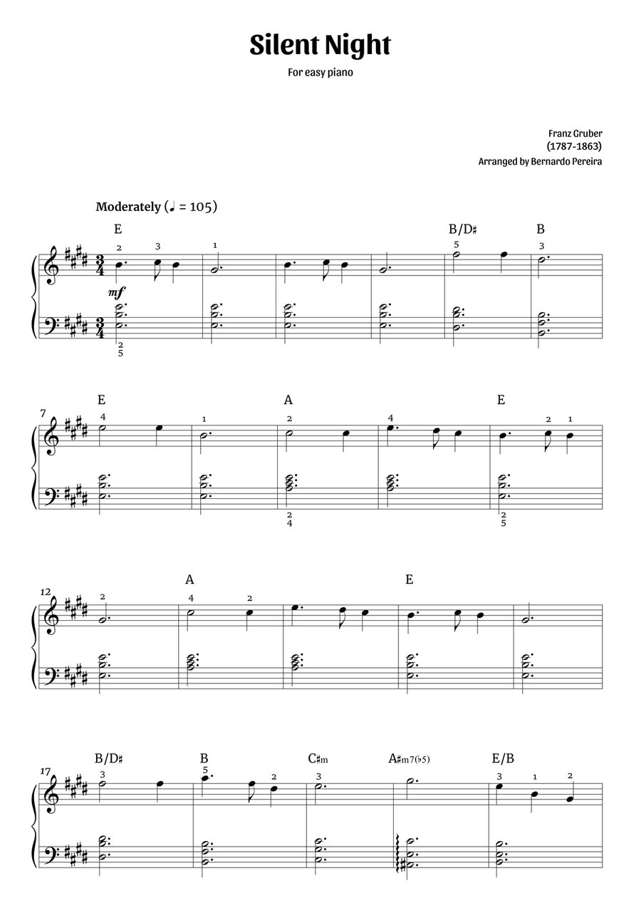 Silent Night (easy piano in E major – with chords) Easy Piano scores gallery preview page 1