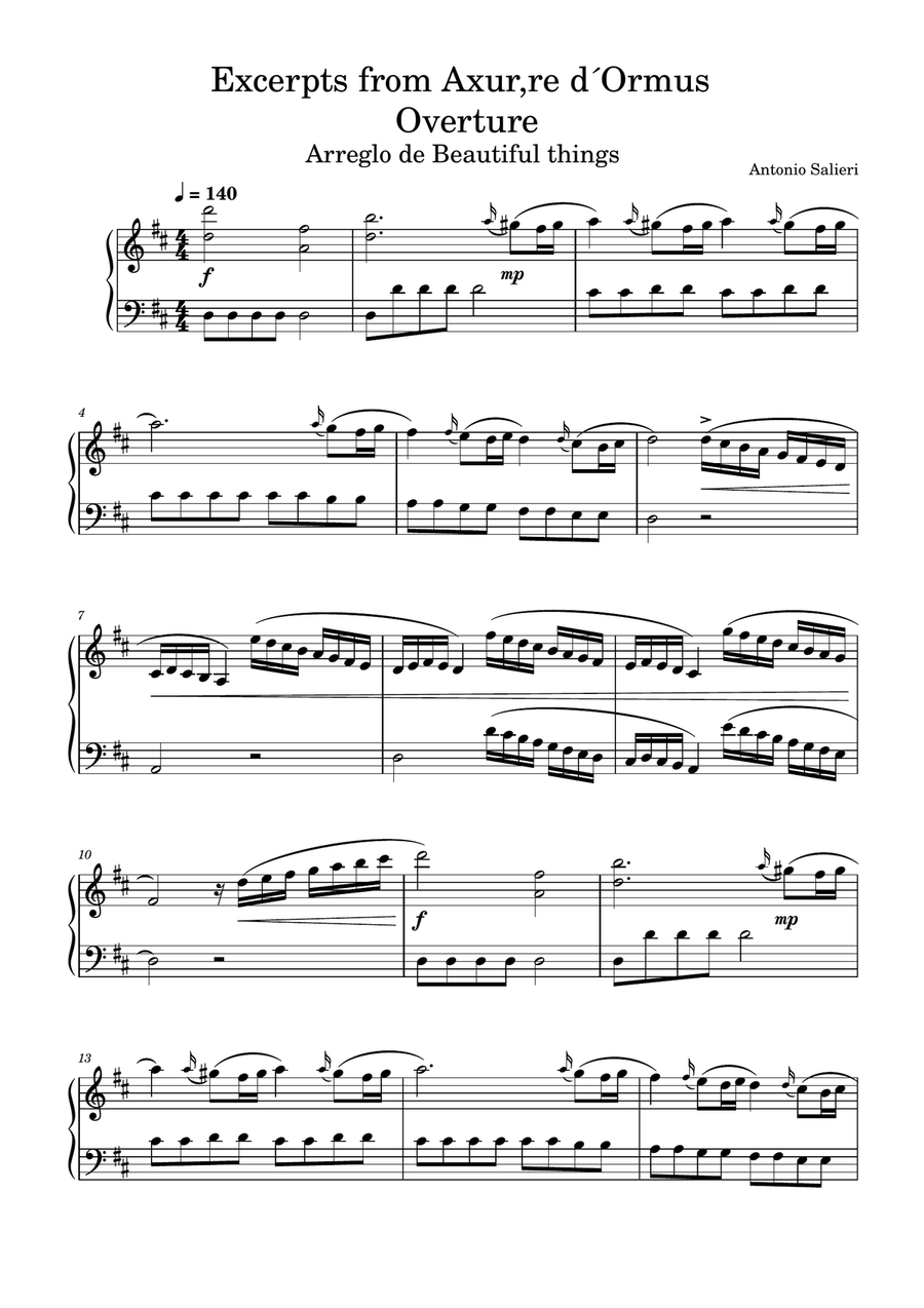 Excerpts from Axur,re d'Ormus Overture-Antonio Salieri Piano Solo scores gallery preview page 1