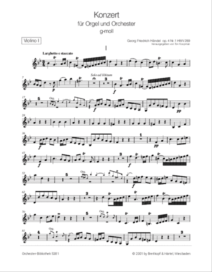 Organ Concerto (No. 1) in G minor Op. 4/1 HWV 289 Orchestra scores gallery preview page 2