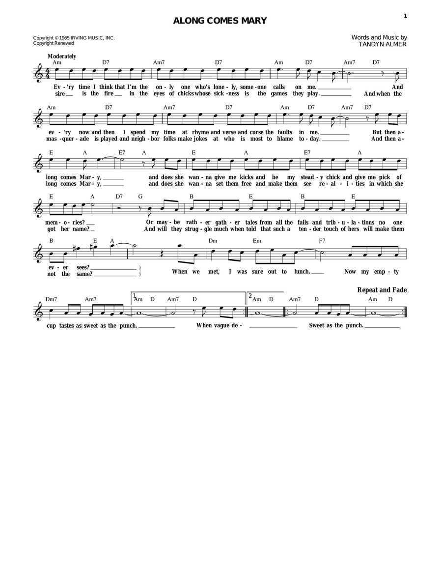 Along Comes Mary by The Association Electric Guitar - Digital Sheet Music