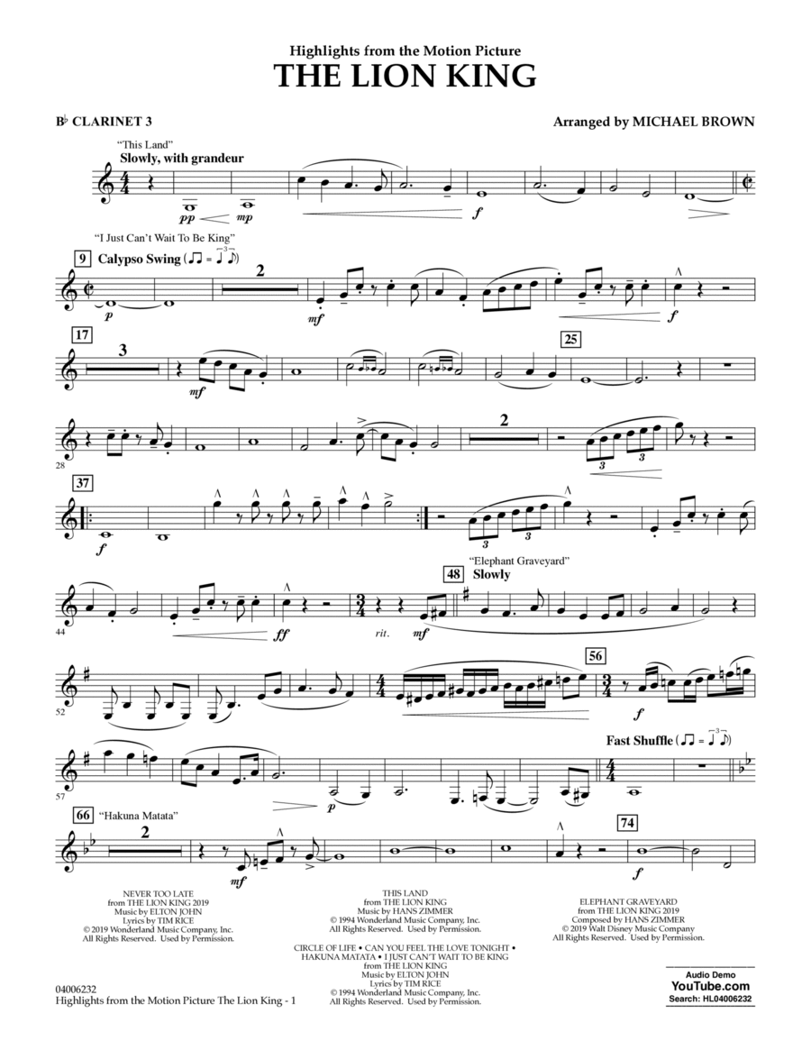 The Lion King (2019) (Highlights from the Motion Picture) - Bb Clarinet 3 Concert Band scores gallery preview page 1