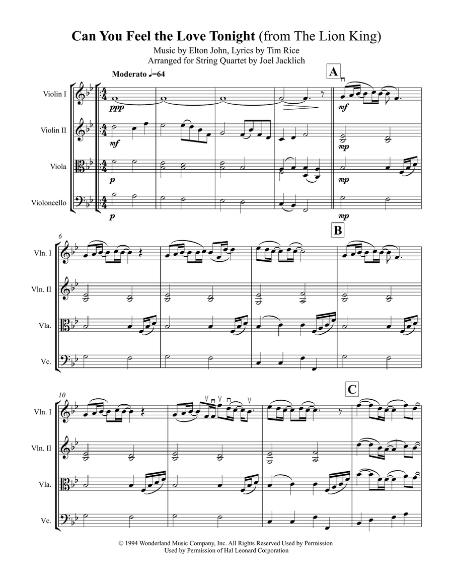 Can You Feel The Love Tonight String Quartet scores gallery preview page 1