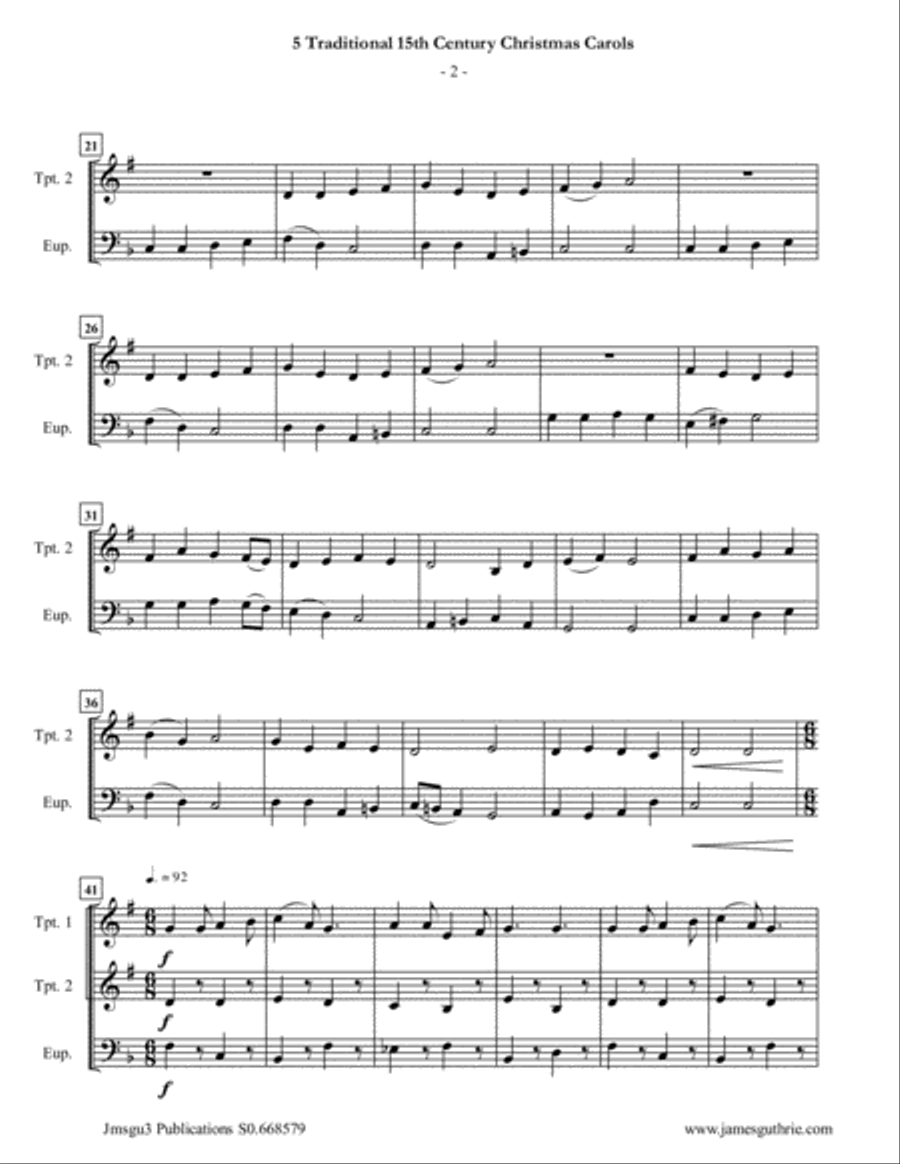 5 Traditional 15th Century Christmas Carols for Trumpet Duo & Euphonium Brass Duet scores gallery preview page 2