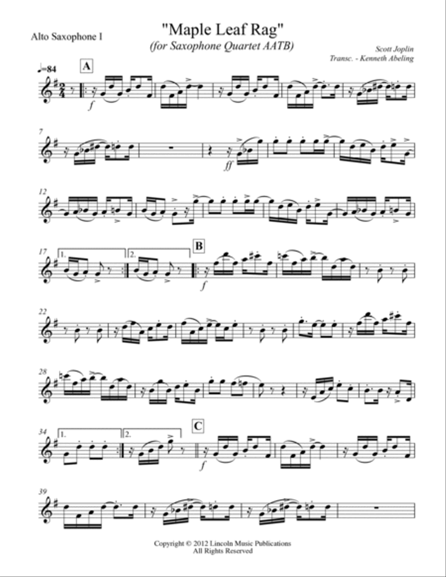 Joplin - Maple Leaf Rag (For Saxophone Quartet AATB) Saxophone Quartet scores gallery preview page 5