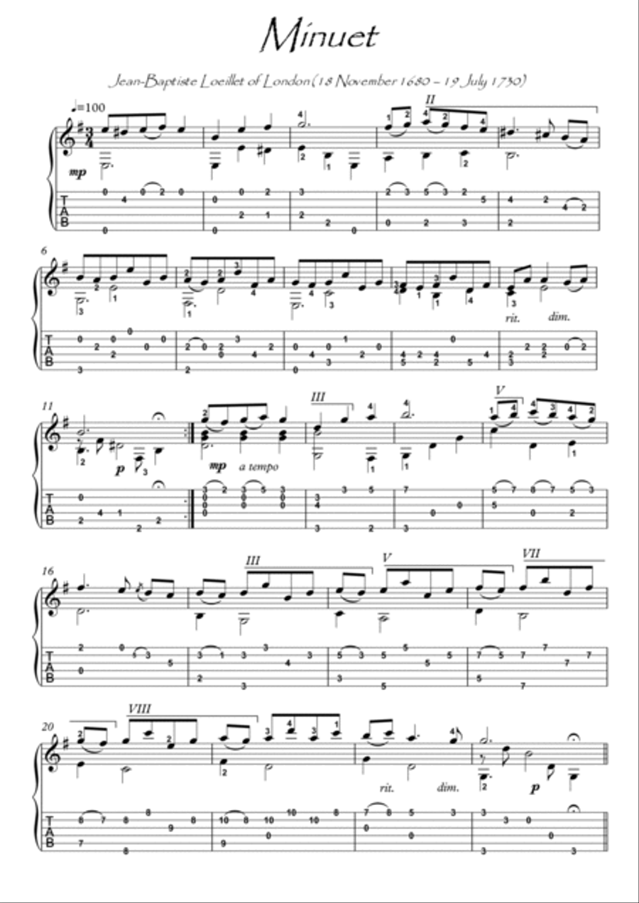 Minuet by Jean Baptiste guitar solo Acoustic Guitar scores gallery preview page 1
