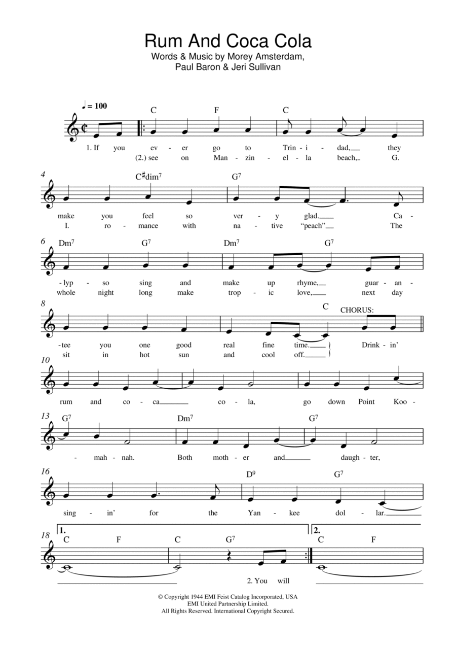 Rum And Coca Cola Piano scores gallery preview page 1