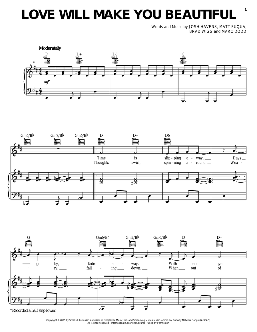 Love Will Make You Beautiful Piano, Vocal, Guitar scores gallery preview page 1
