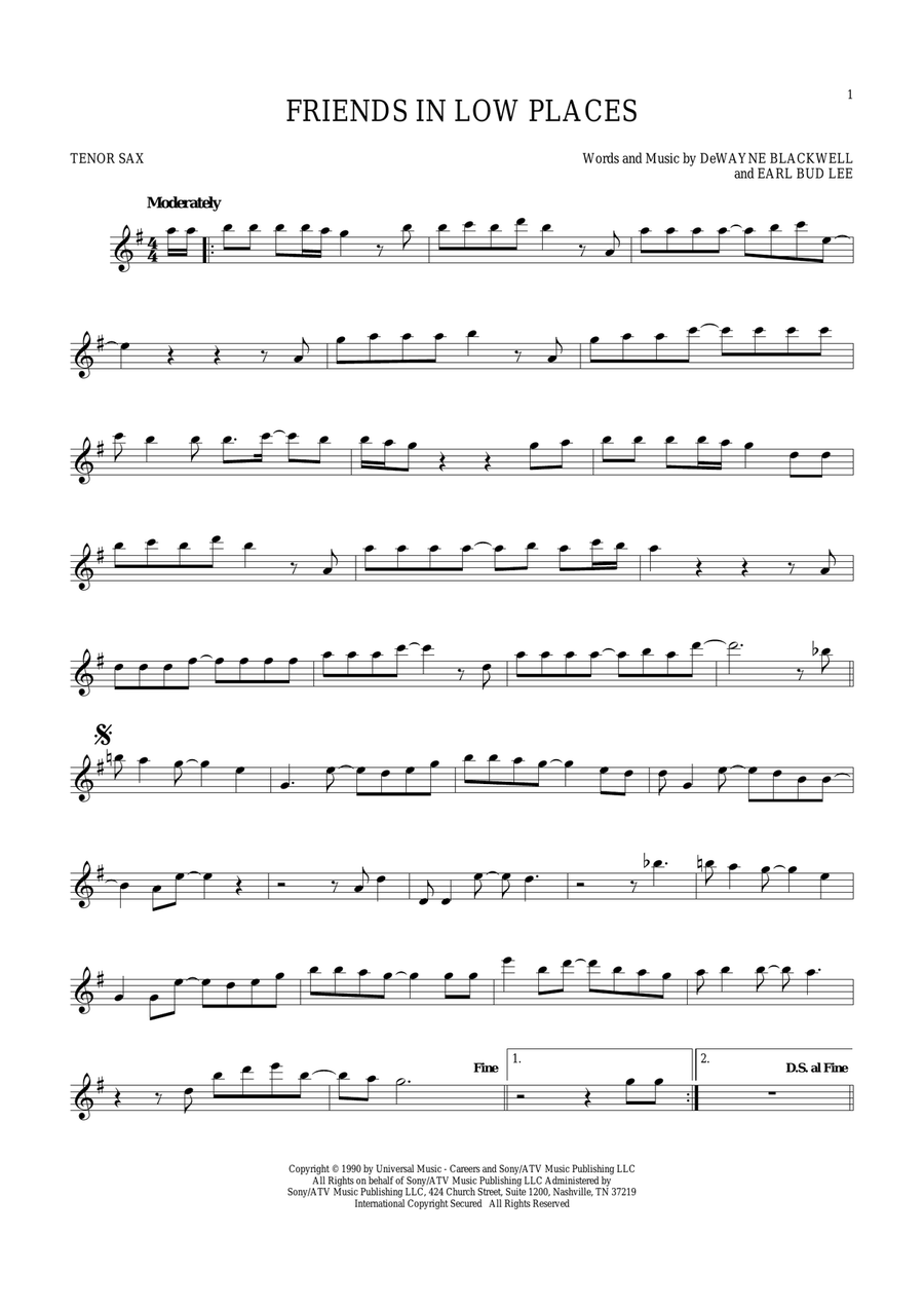 Friends In Low Places Friends In Low Places Tenor Saxophone scores gallery preview page 1