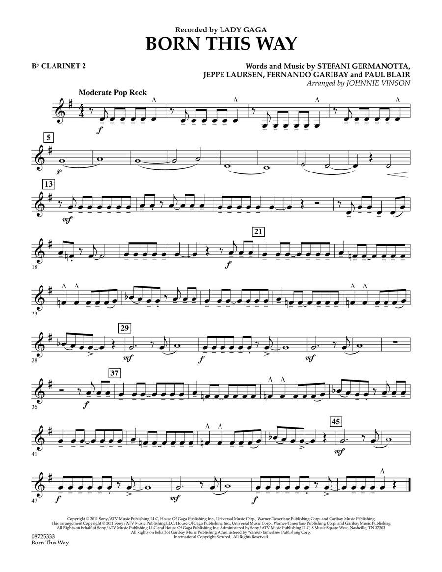 Born This Way - Bb Clarinet 2 Concert Band scores gallery preview page 1
