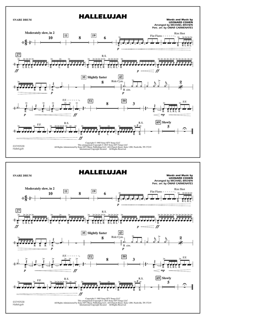 Hallelujah - Snare Drum Marching Band scores gallery preview page 1