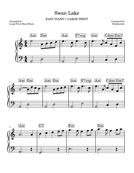 Swan Lake Theme • LARGE PRINT • Easy Piano • Includes Notes and Chord Symbols image number null