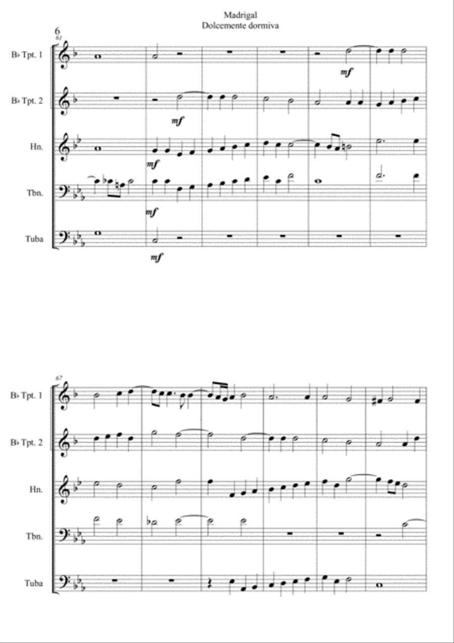 Madrigal 'Dolcemente dormiva' for Brass quintet Choir scores gallery preview page 6