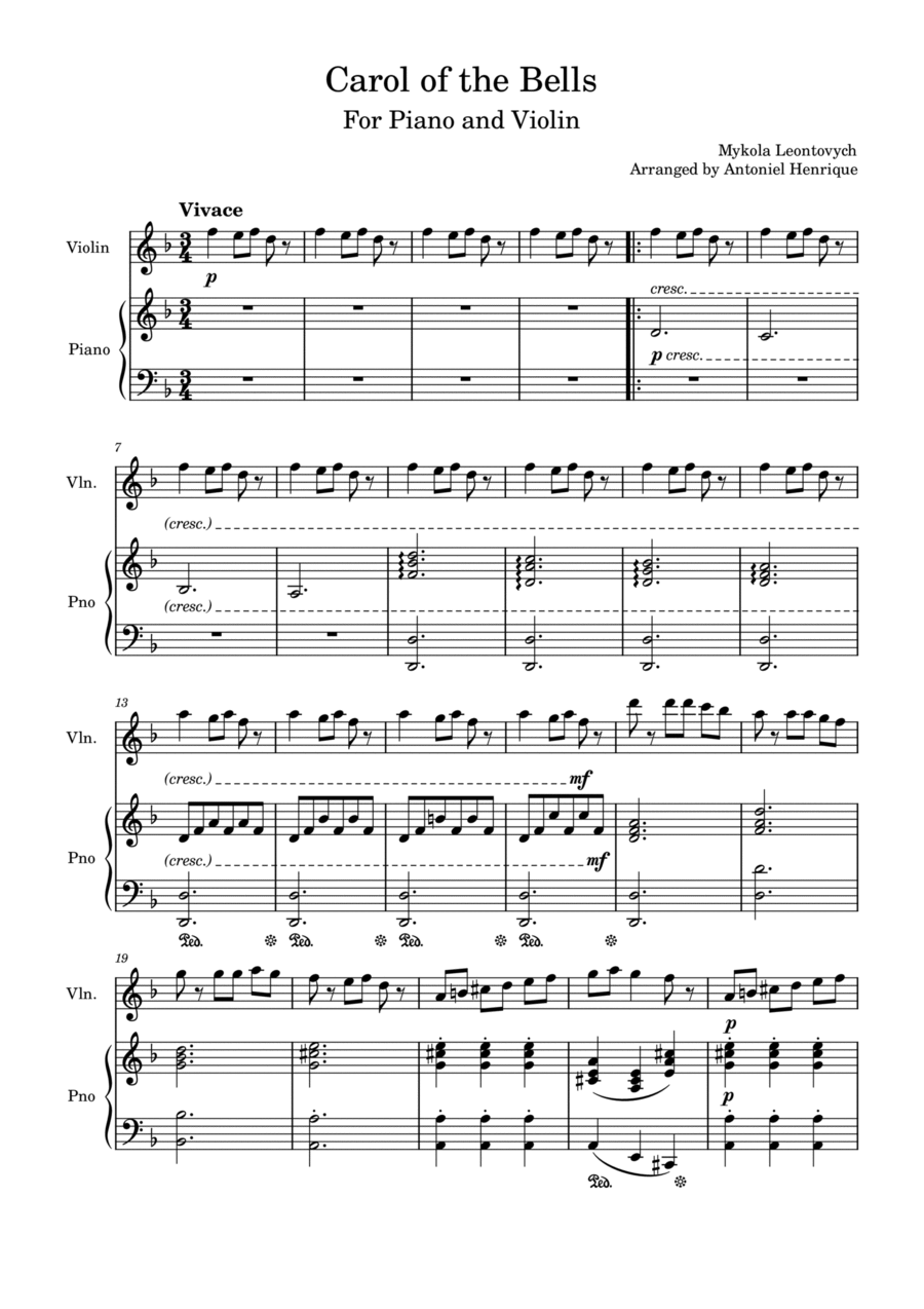 Carol of the Bells for Piano and Violin Violin Solo scores gallery preview page 1