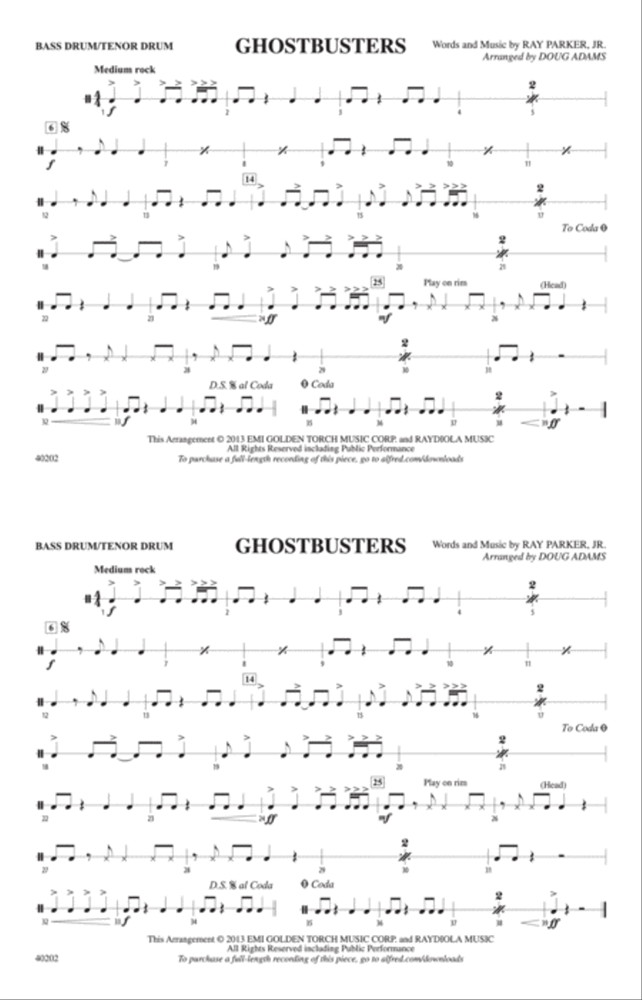 Ghostbusters: Bass Drum/Tenor Drum Marching Band scores gallery preview page 1