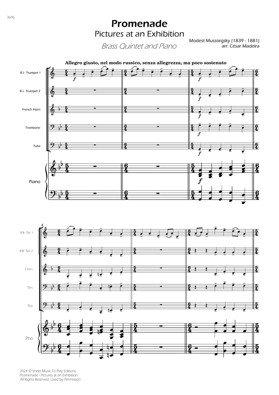 Pictures at an Exhibition - Promenade - Brass Quintet and Piano (Full Score) - Score Only Brass Quintet scores gallery preview page 1