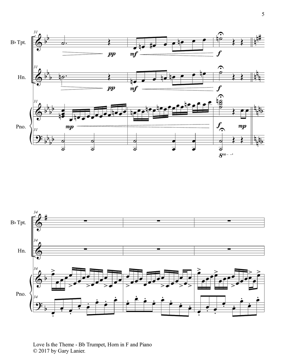 LOVE IS THE THEME (Trio – Bb Trumpet, Horn in F & Piano with Score/Parts) Brass Duet scores gallery preview page 6