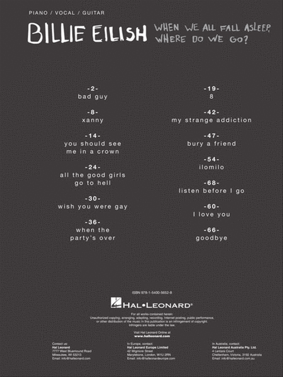 Billie Eilish – When We All Fall Asleep, Where Do We Go? Piano, Vocal, Guitar scores gallery preview page 2