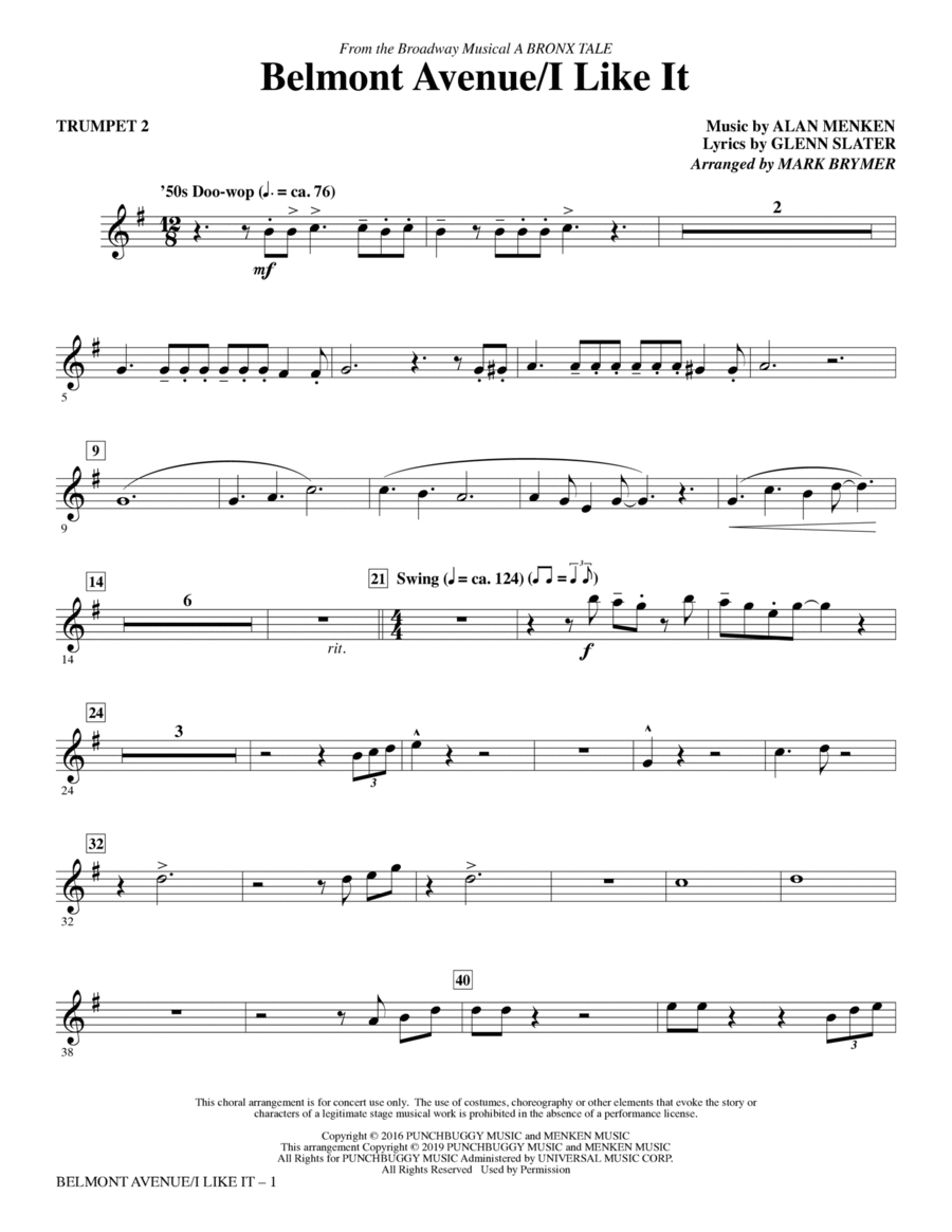 Belmont Avenue/I Like It (from A Bronx Tale) (arr. Mark Brymer) - Trumpet 2 Choir scores gallery preview page 1