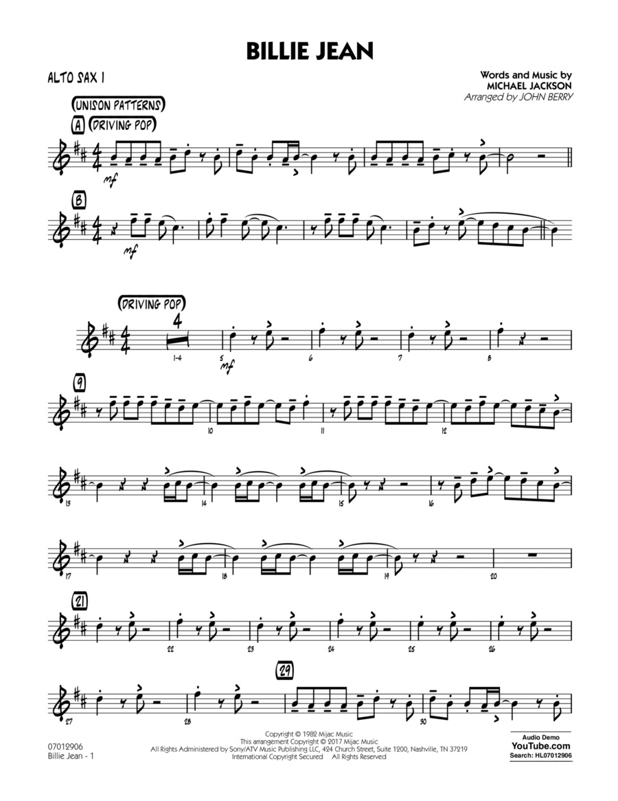Billie Jean - Alto Sax 1 Alto Saxophone scores gallery preview page 1