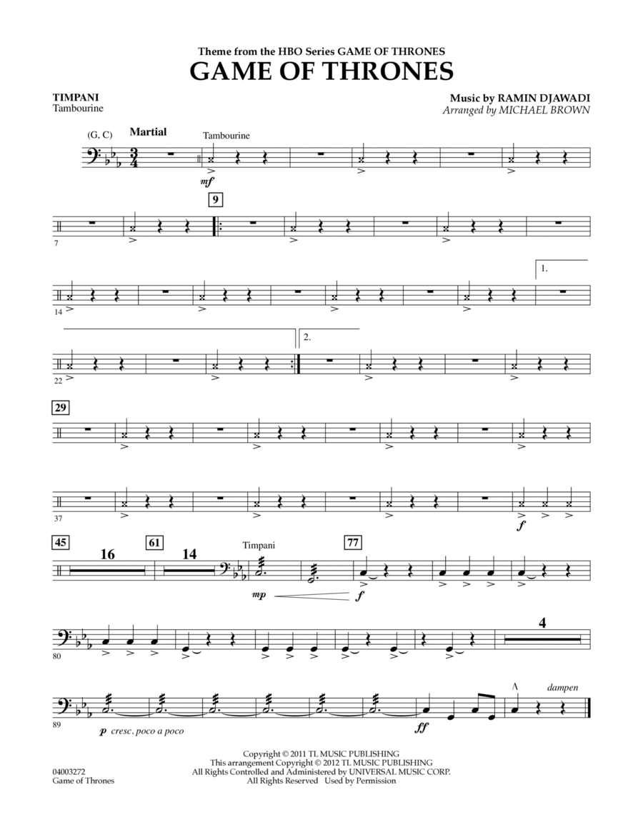 Game Of Thrones (Arr. Michael Brown) - Timpani Concert Band scores gallery preview page 1