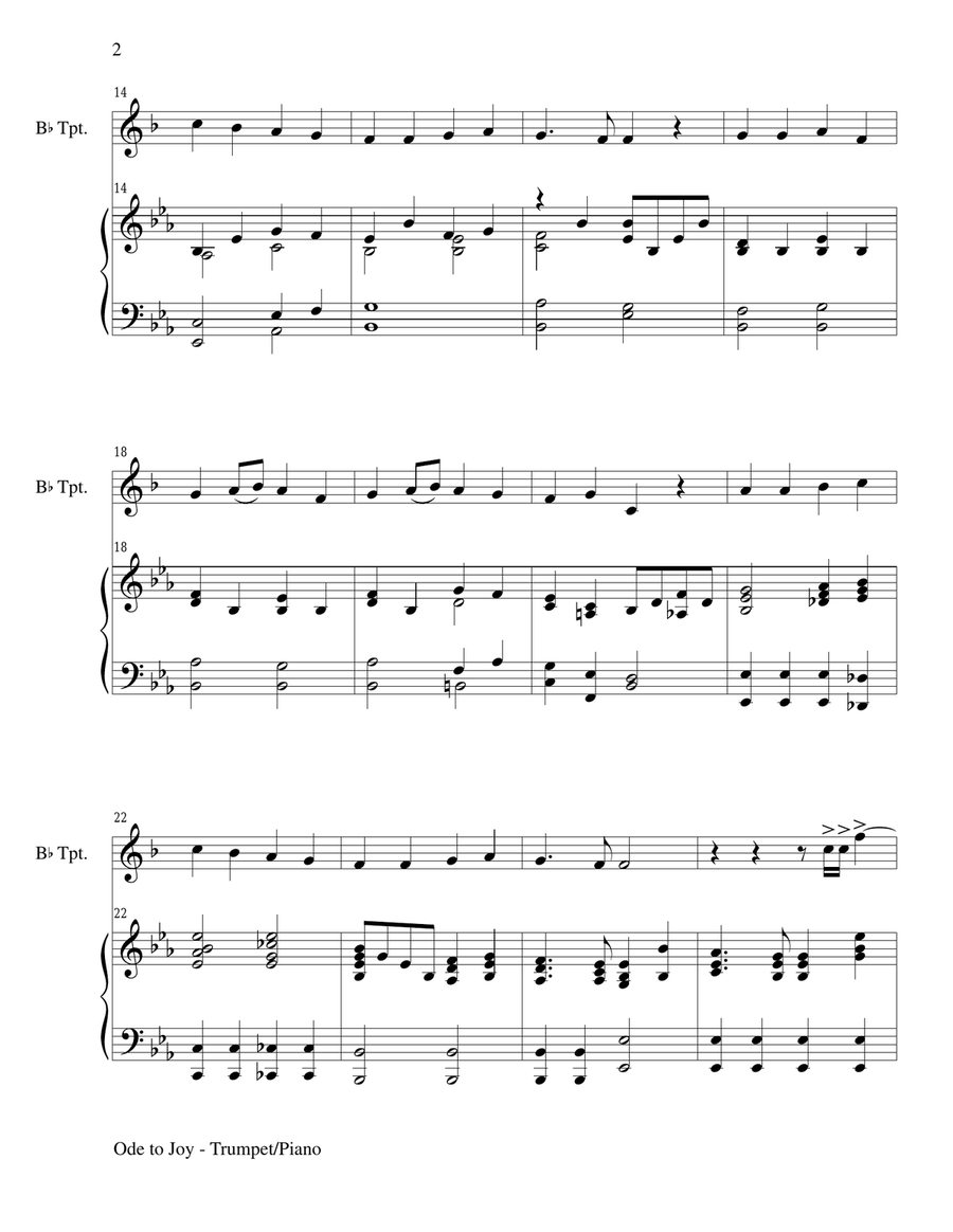 ODE TO JOY (Joyful, Joyful, We Adore Thee), Bb Trumpet & Piano (Score & Parts included) B-Flat Trumpet scores gallery preview page 2