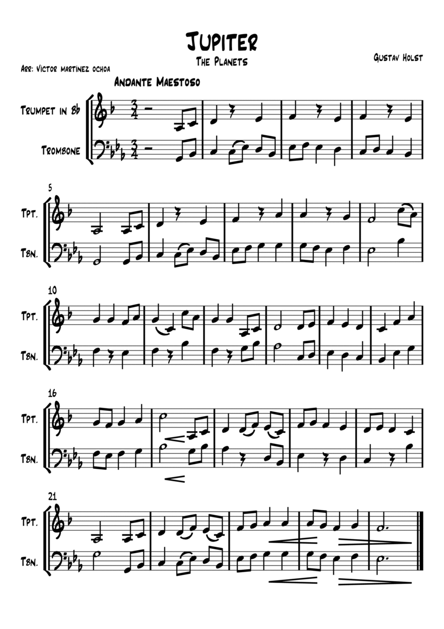 Jupiter from the Planets Brass Duet scores gallery preview page 1