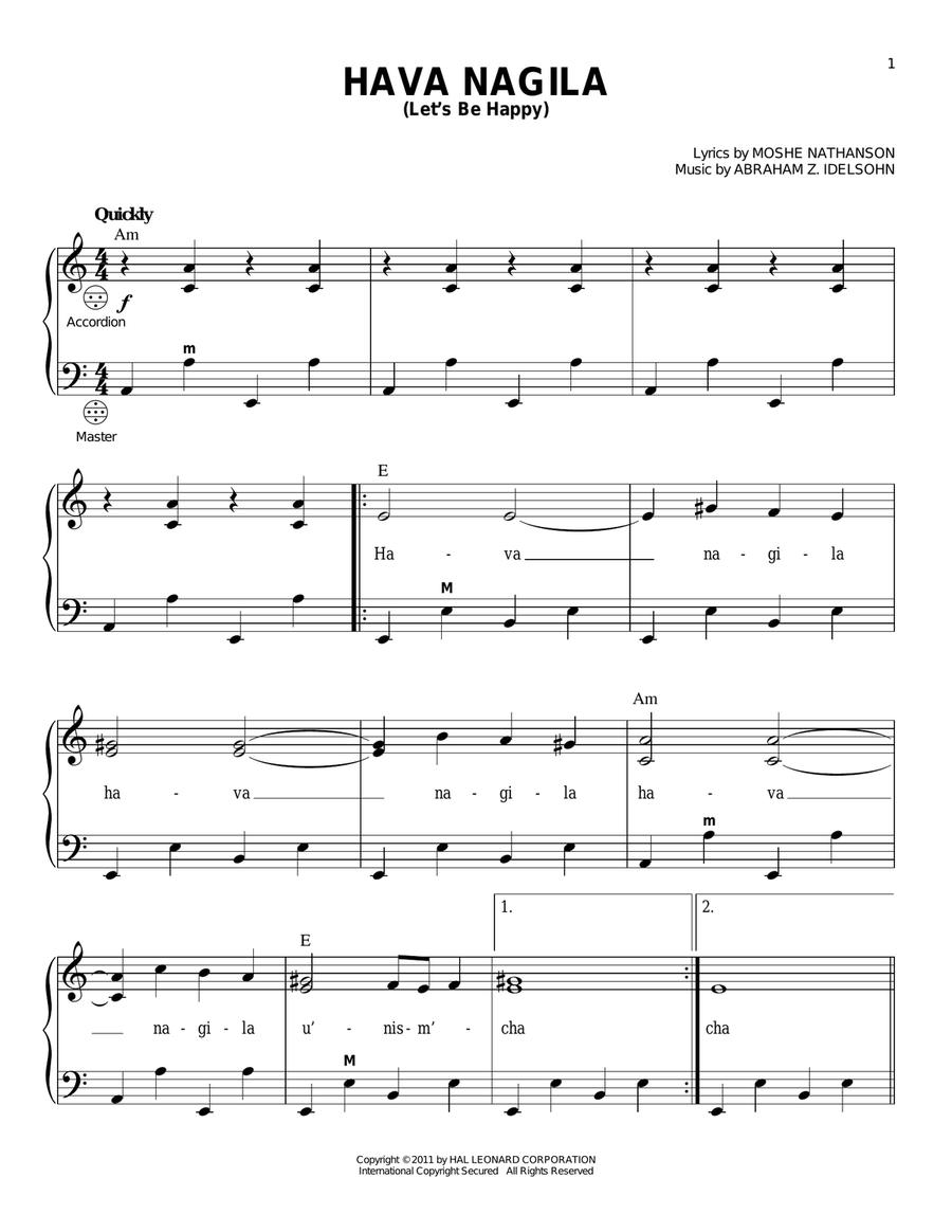 Hava Nagila (Let's Be Happy) Accordion scores gallery preview page 1