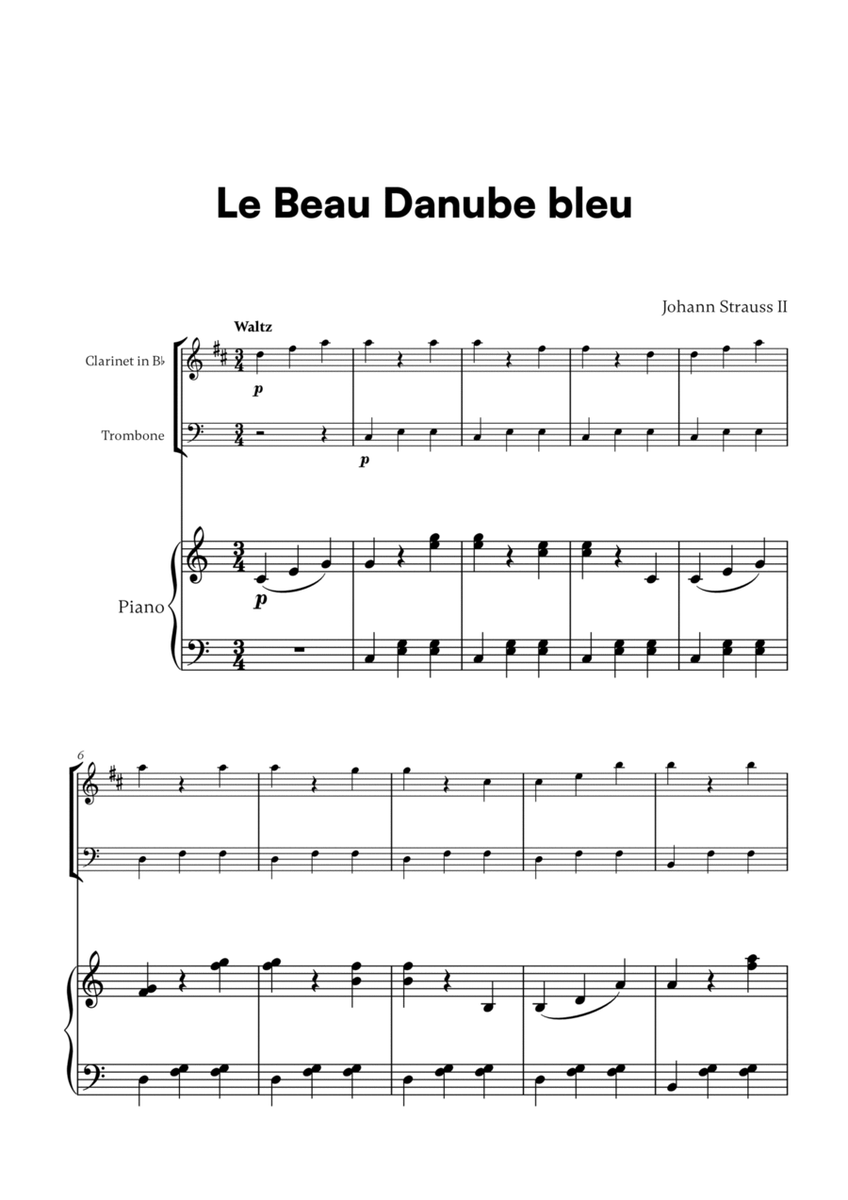 Johann Strauss II - Le Beau Danube bleu for Clarinet, Trombone and Piano image number null
