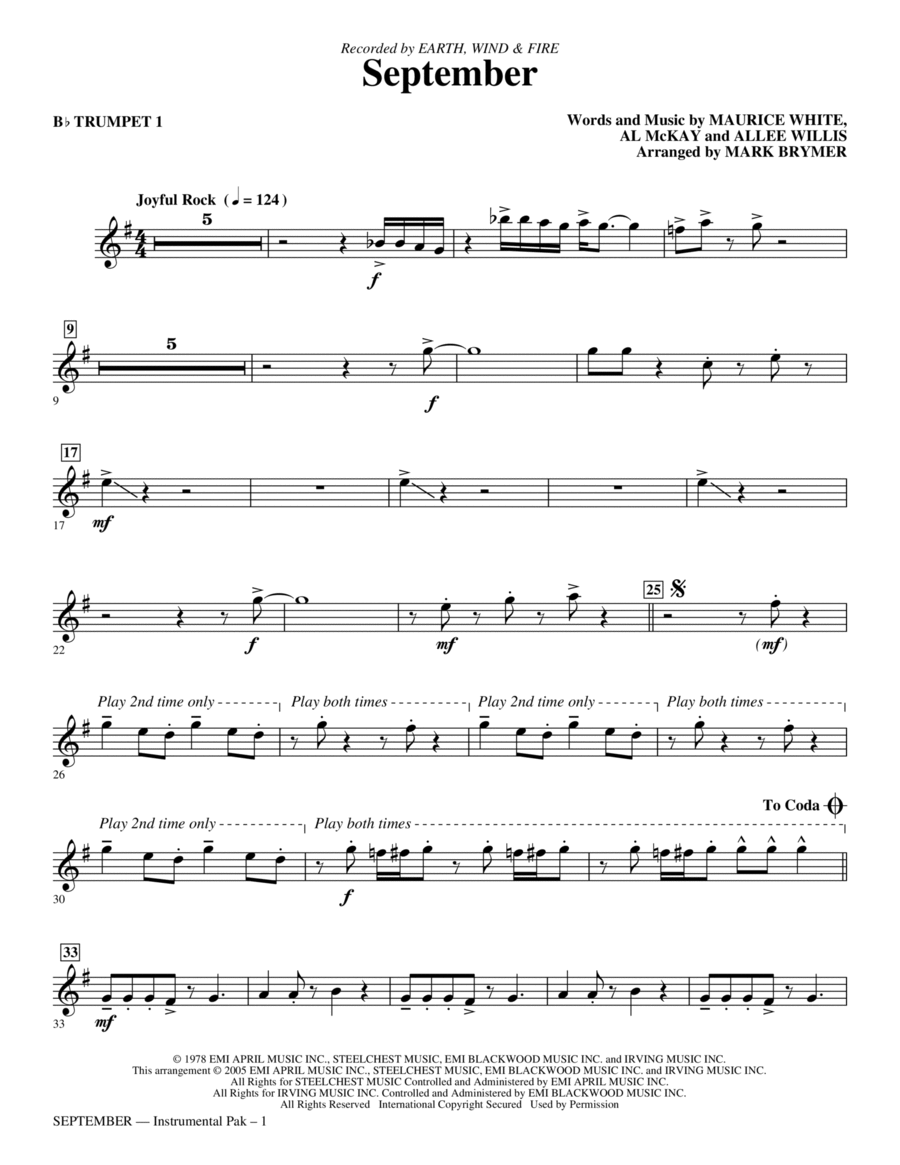 September (arr. Mark Brymer) - Bb Trumpet 1 Choir scores gallery preview page 1