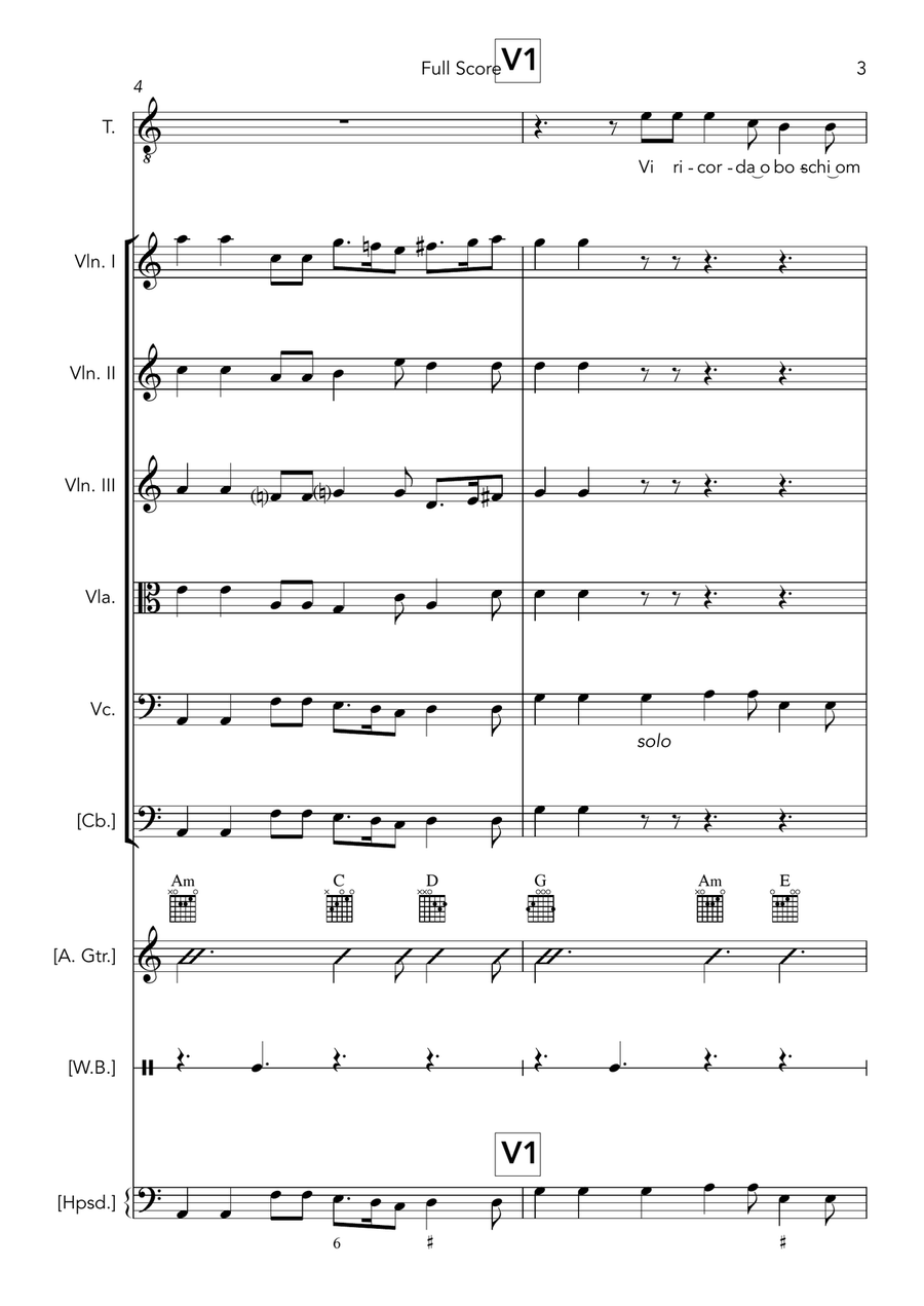 Vi ricorda o boschi ombrosi (score and parts for tenor and strings, with editorial guitar, harpsicho String Orchestra scores gallery preview page 3