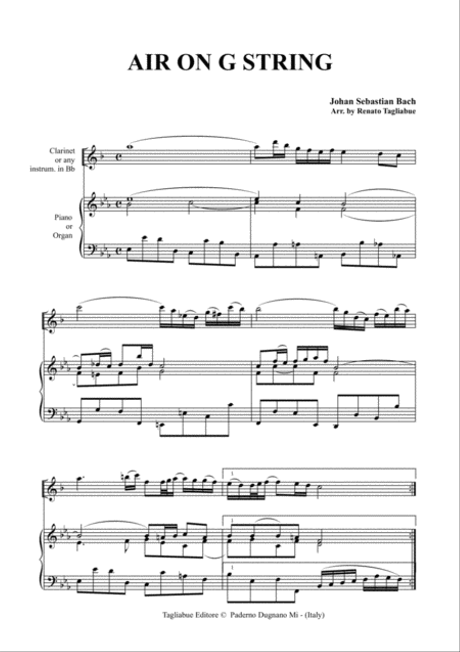 AIR ON G STRING For Clarinet or any instrum. in Bb and Piano/Organ - With Part instrum. in Bb Small Ensemble scores gallery preview page 2