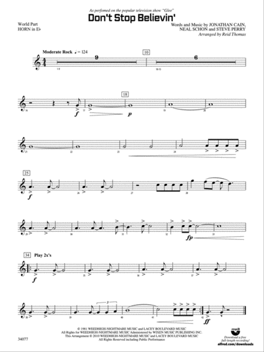 Don't Stop Believin': (World Part) 1st Horn in E-flat Concert Band scores gallery preview page 1