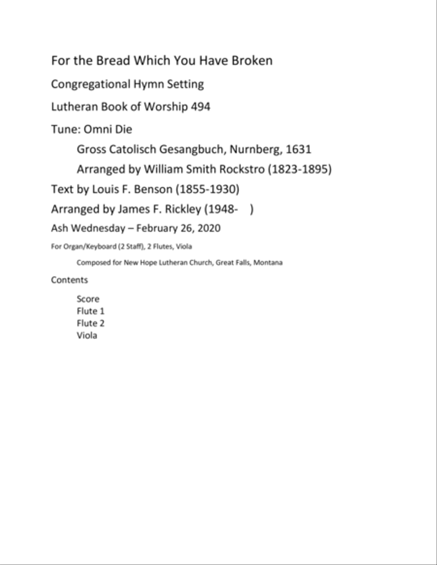 For the Bread Which You Have Broken, Hymn Setting Unison Choir scores gallery preview page 1
