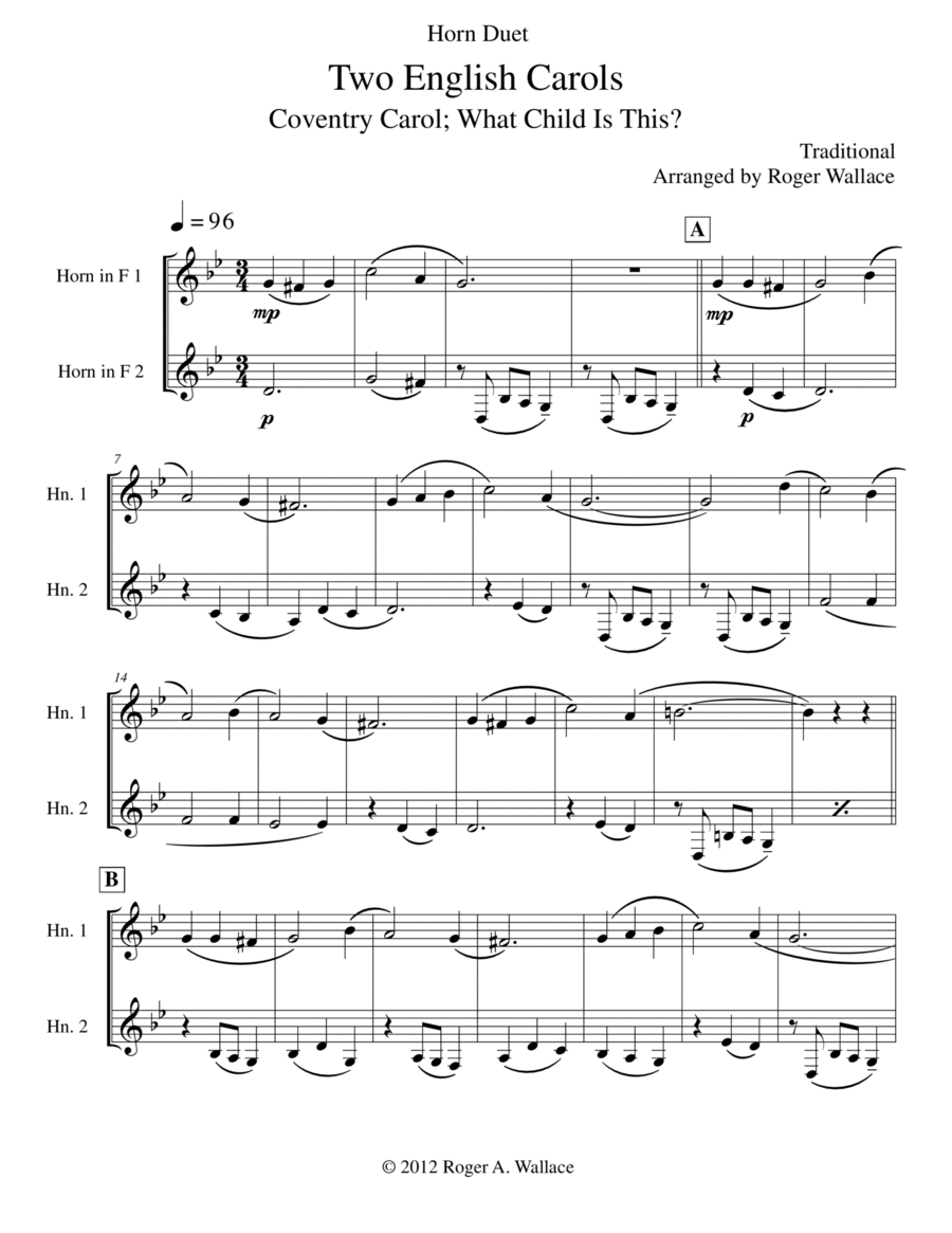 Two English Carols (Coventry Carol; What Child Is This?) Brass Duet scores gallery preview page 1