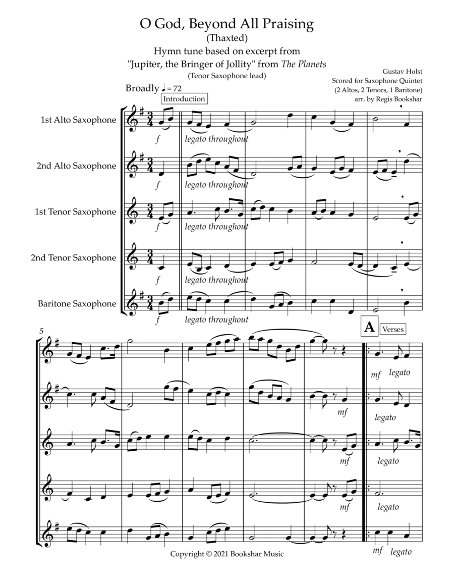 O God, Beyond All Praising (Thaxted) (Bb) (Saxophone Quintet - 2 Alto, 2 Tenor, 1 Bari) (Tenor lead) Saxophone Quintet scores gallery preview page 1