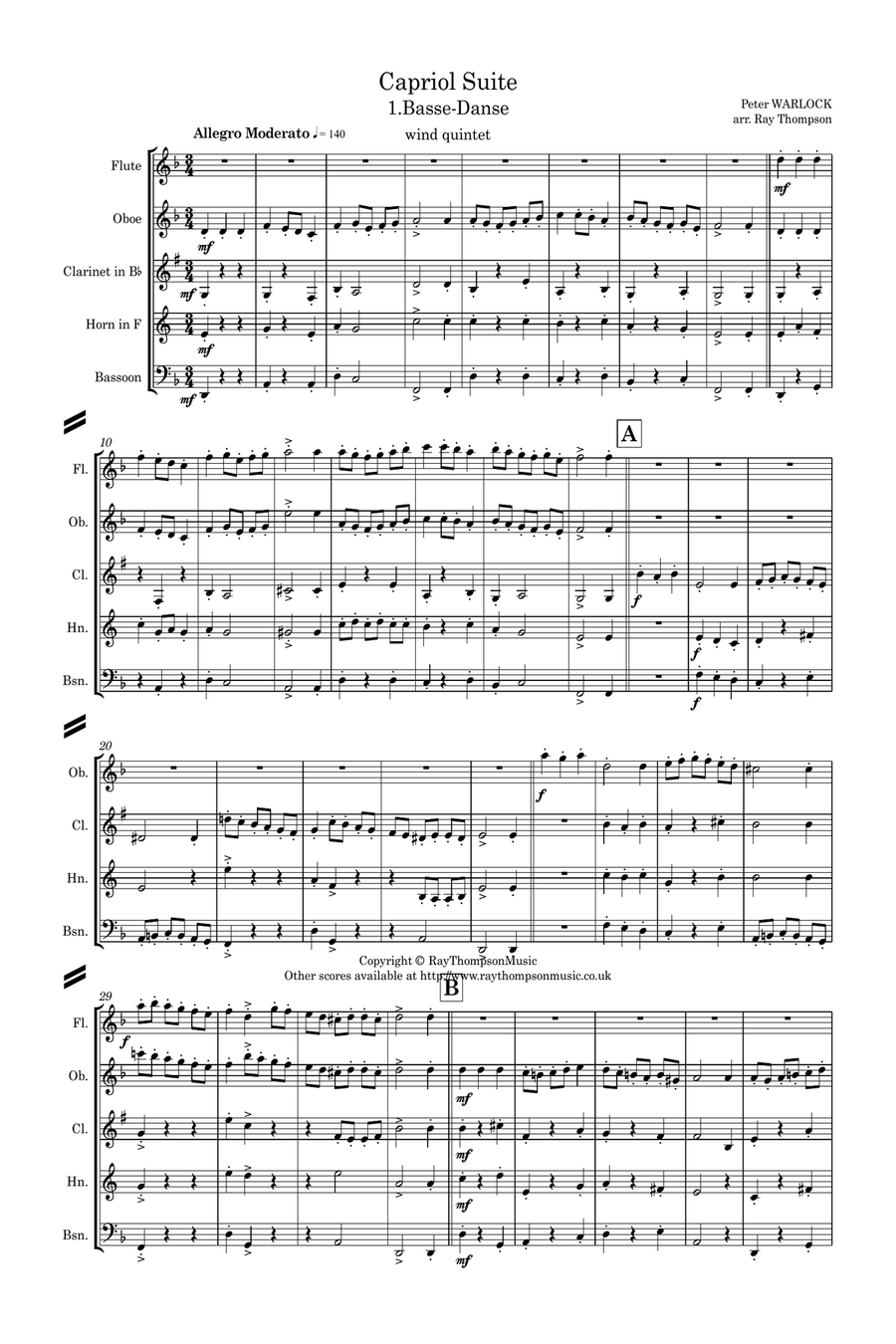 Peter Warlock: Capriol Suite (Complete) - wind quintet Woodwind Quintet scores gallery preview page 2